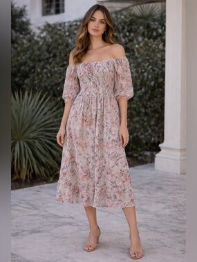 42- Costa balance floral midi dress - off the shoulder sheer sleeves size medium